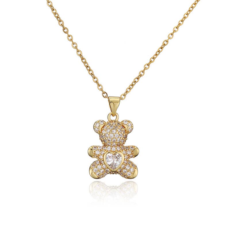 Dainty Crystal Teddy Bear Pendant Necklace in Solid Copper