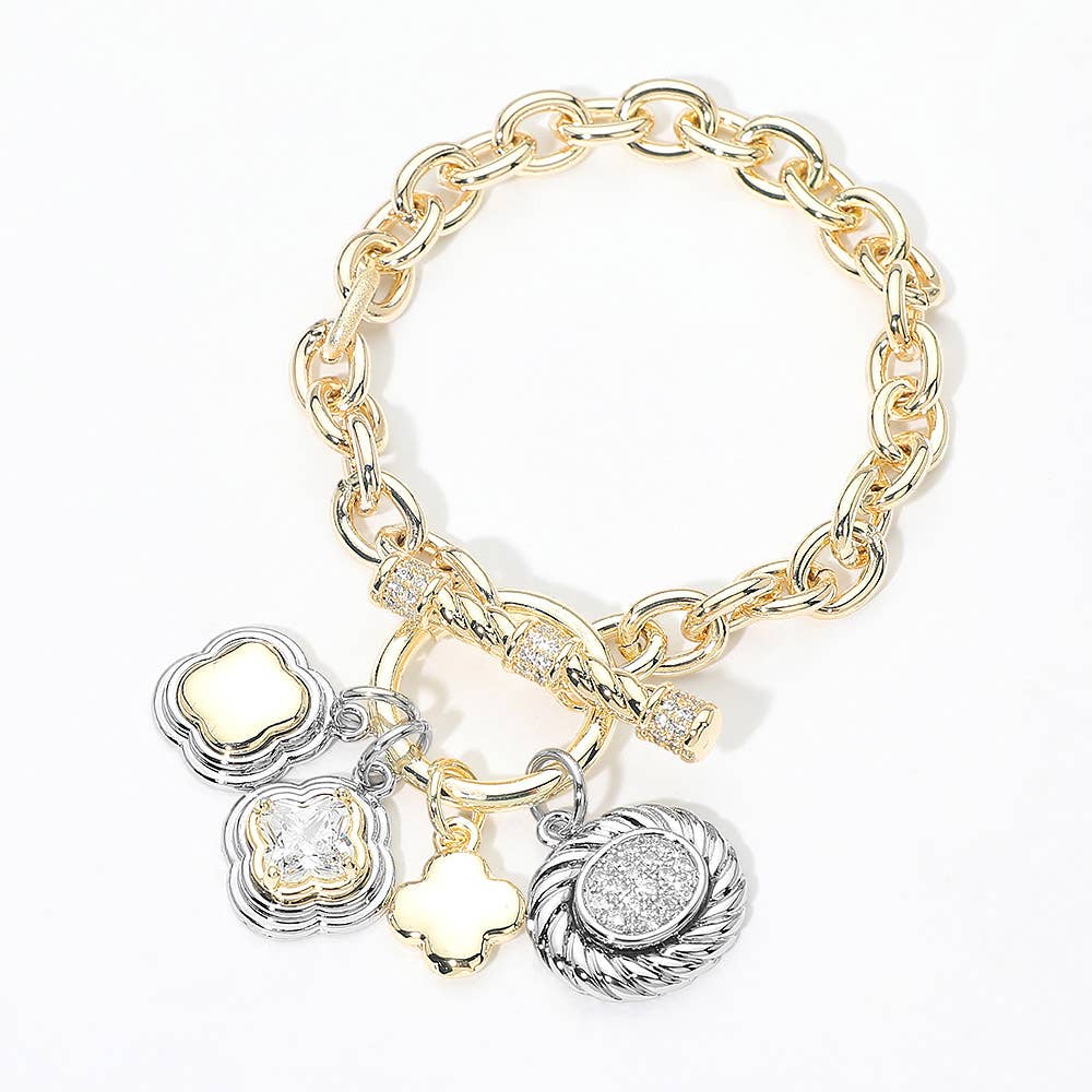 14K Gold Plated Two Tone Quatrefoil Oval Multi Charm Toggle Bracelet