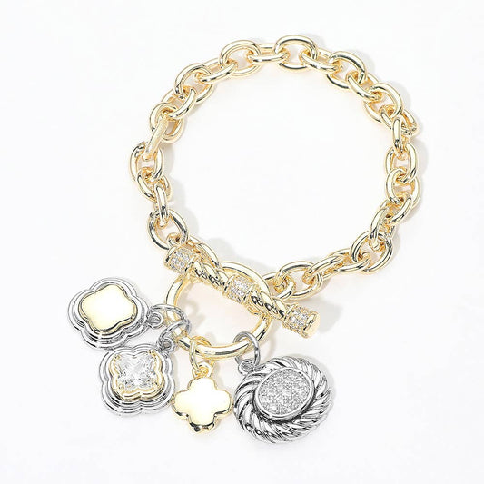 14K Gold Plated Two Tone Quatrefoil Oval Multi Charm Toggle Bracelet