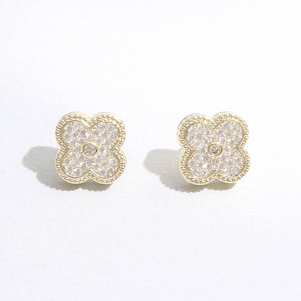 Gold Tone Outline Pave Clover Post Earrings