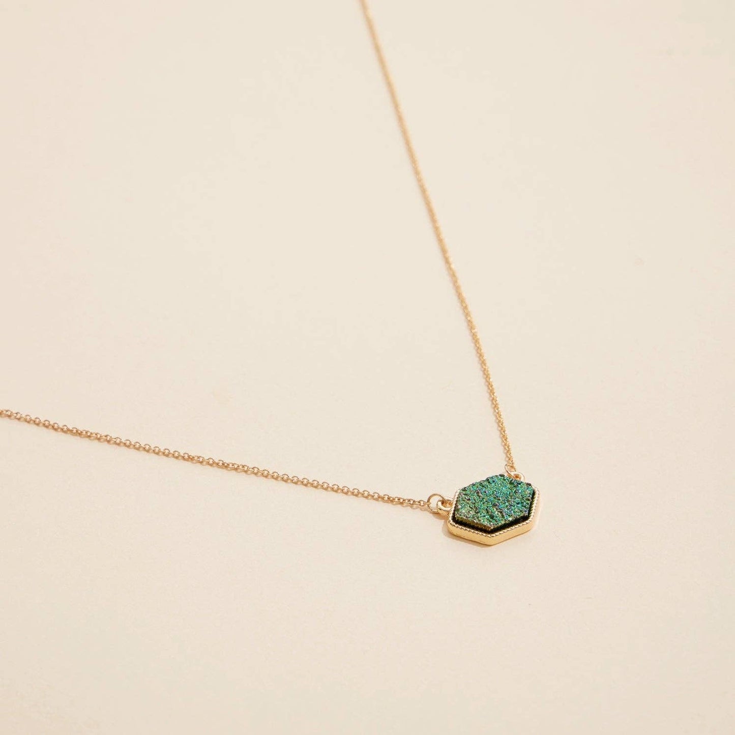 Hexagon Druzy Stone Charm Short Necklace