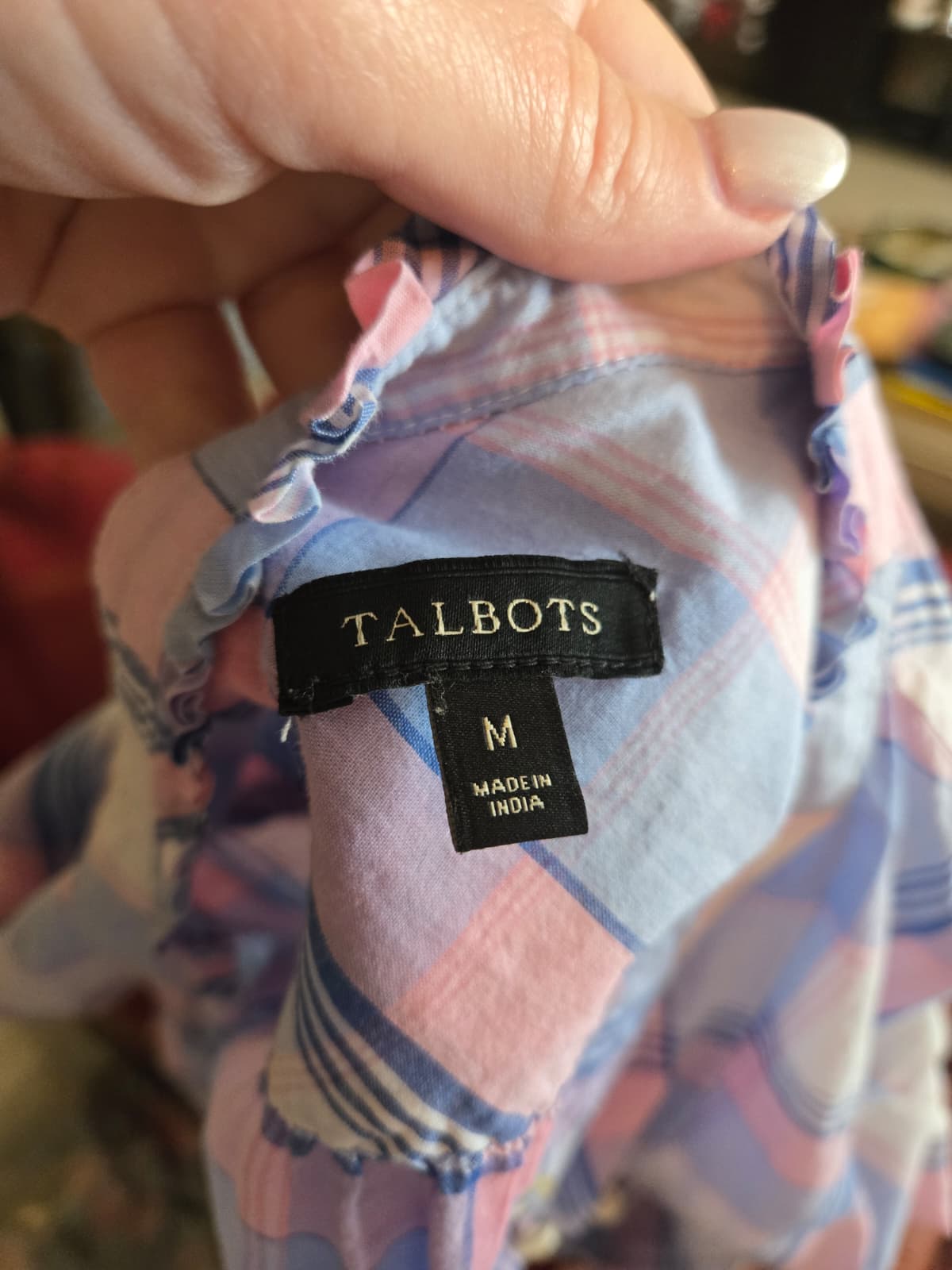Talbots Ruffled Collar Plaid Button‑Up Shirt – Size Medium