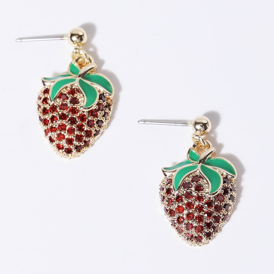 Gold Plated Pave Strawberry Shape Earrings