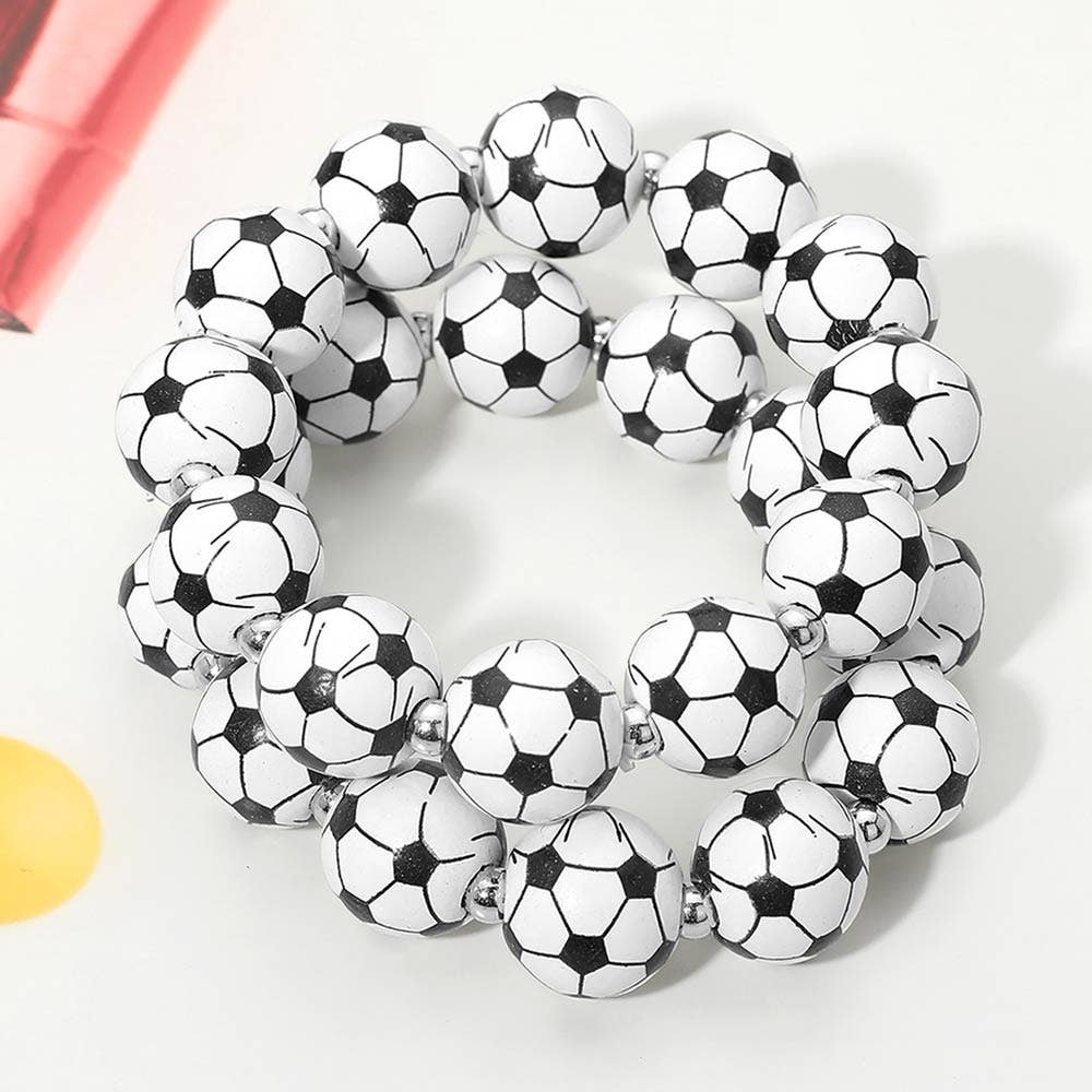 2PCS - Soccer Printed Beaded Stretch Bracelet