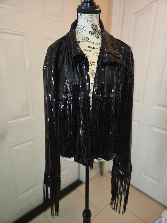 Blue & Buttercup Women's Large Black Sequin Fringe Open Front Jacket