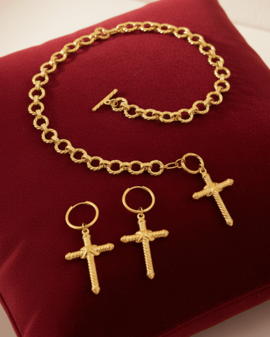 Gold Boho Cross Necklace with Earring Set