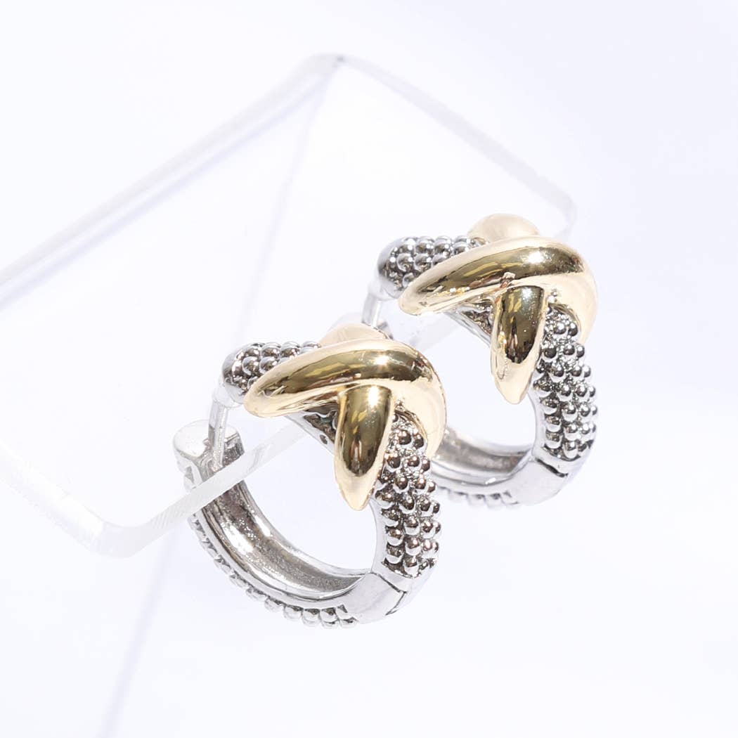 Criss Cross Silver Gold Pave Huggie Earrings