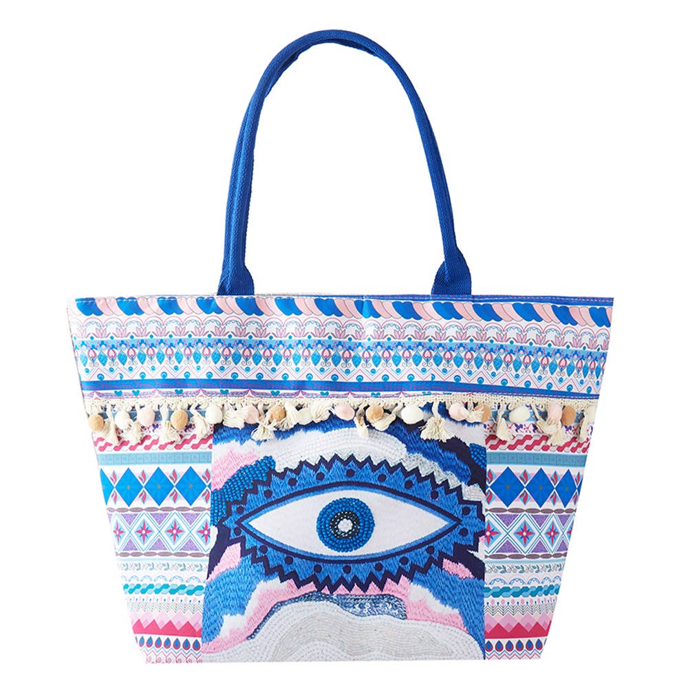 Evil Eye Boho Print Pom Pom fringe Tote Bag