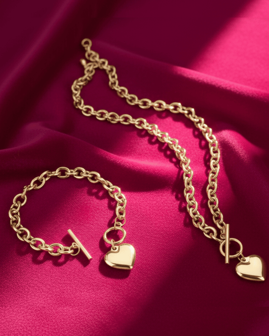 Gold Heart Charm Paperclip Chain Necklace & Bracelet Set