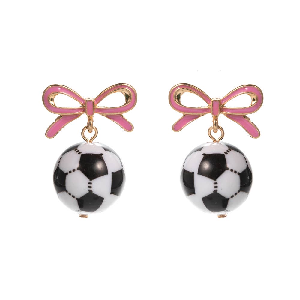 Bow Accent Soccer Ball Drop Dangle Earrings