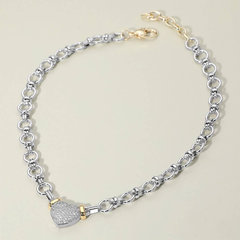 14K Gold Plated Two Tone Stone Paved Heart Pendant Accent Chunky Chain Link Necklace
