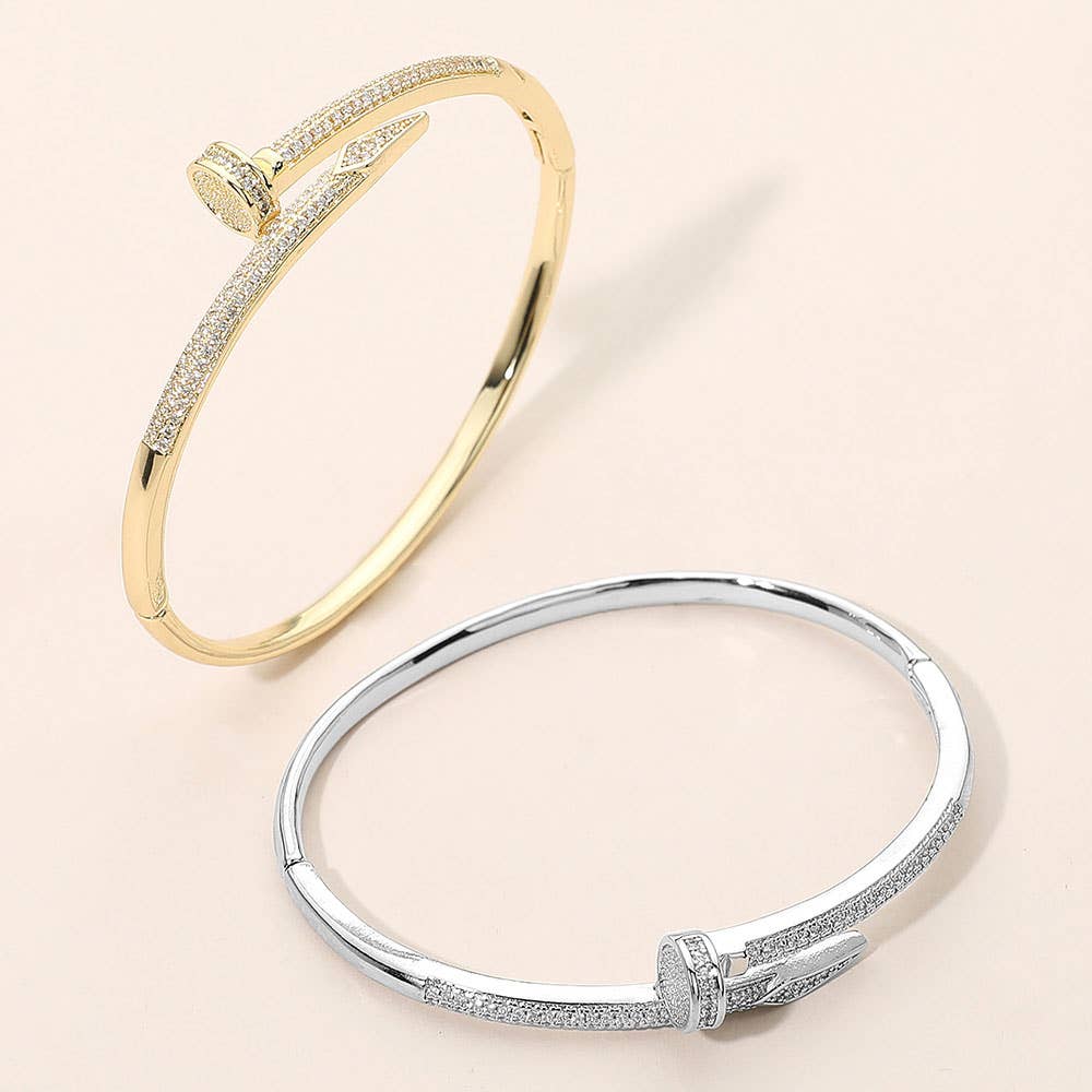 Stone Paved Nailhead Accent Hinged Bangle Bracelet