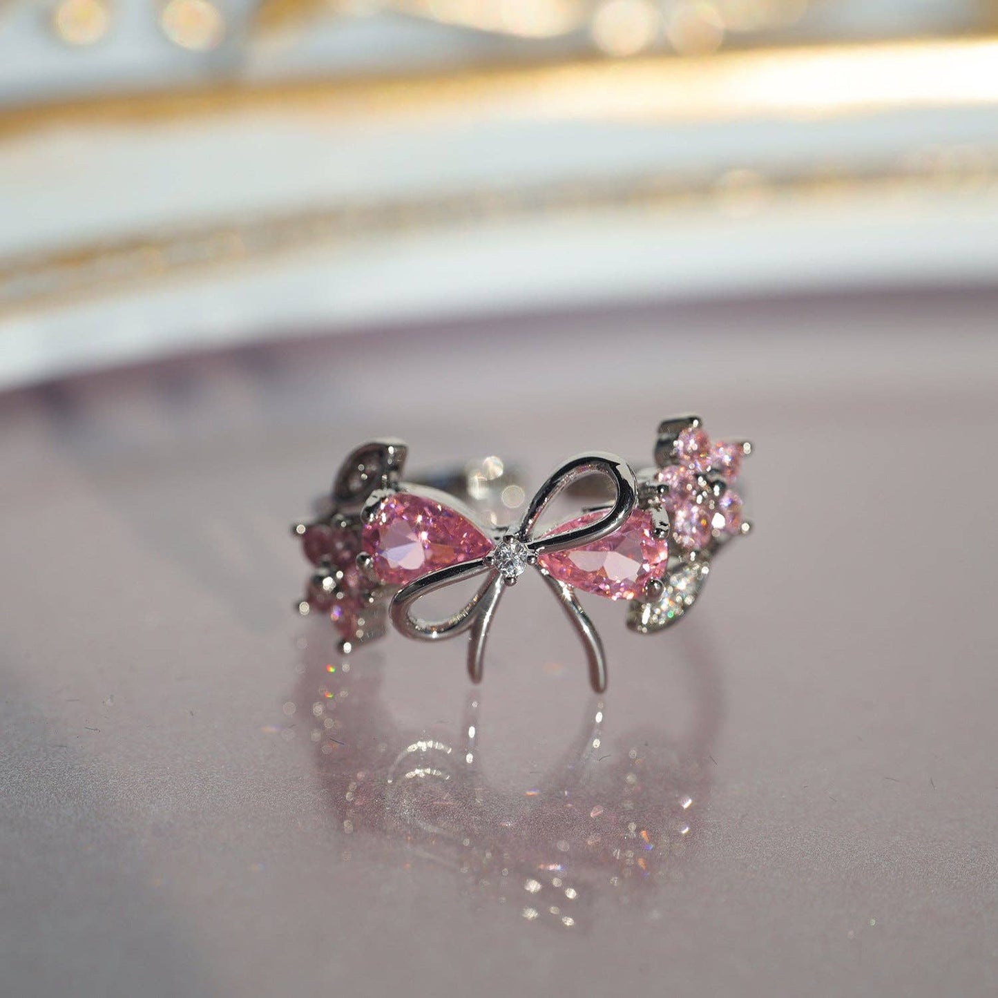 Pink Bow Knot Flower Leaf Adjustable Ring in Solid Copper