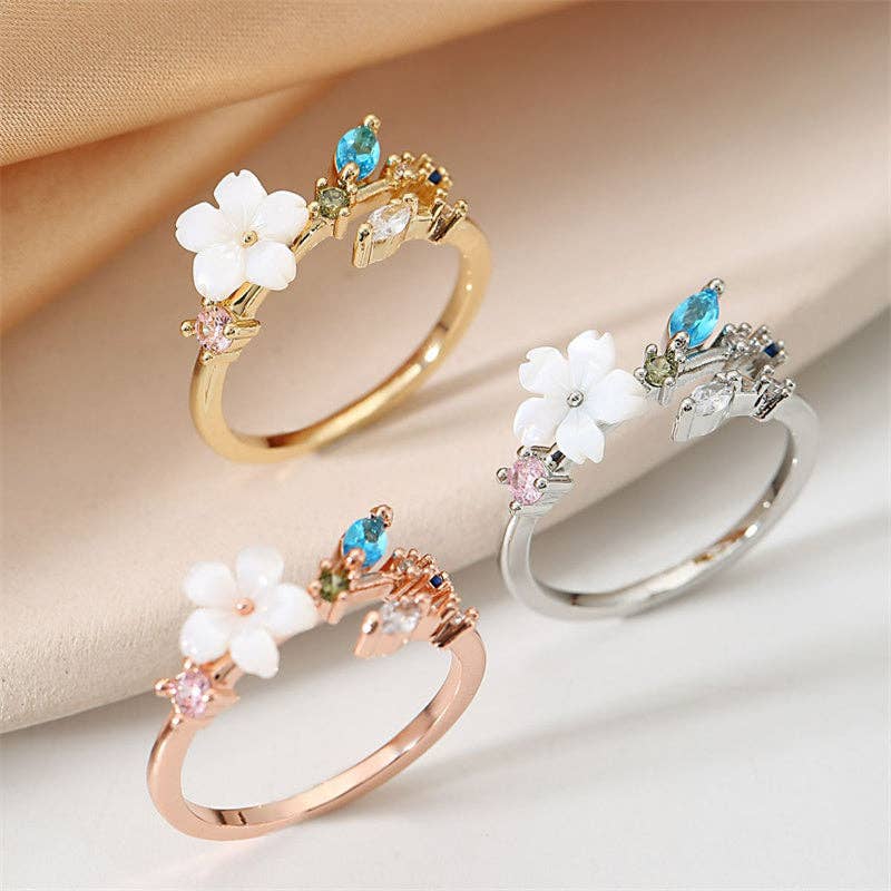 Mother Of Pearl Cherry Blossom Flower Ring in Solid Copper