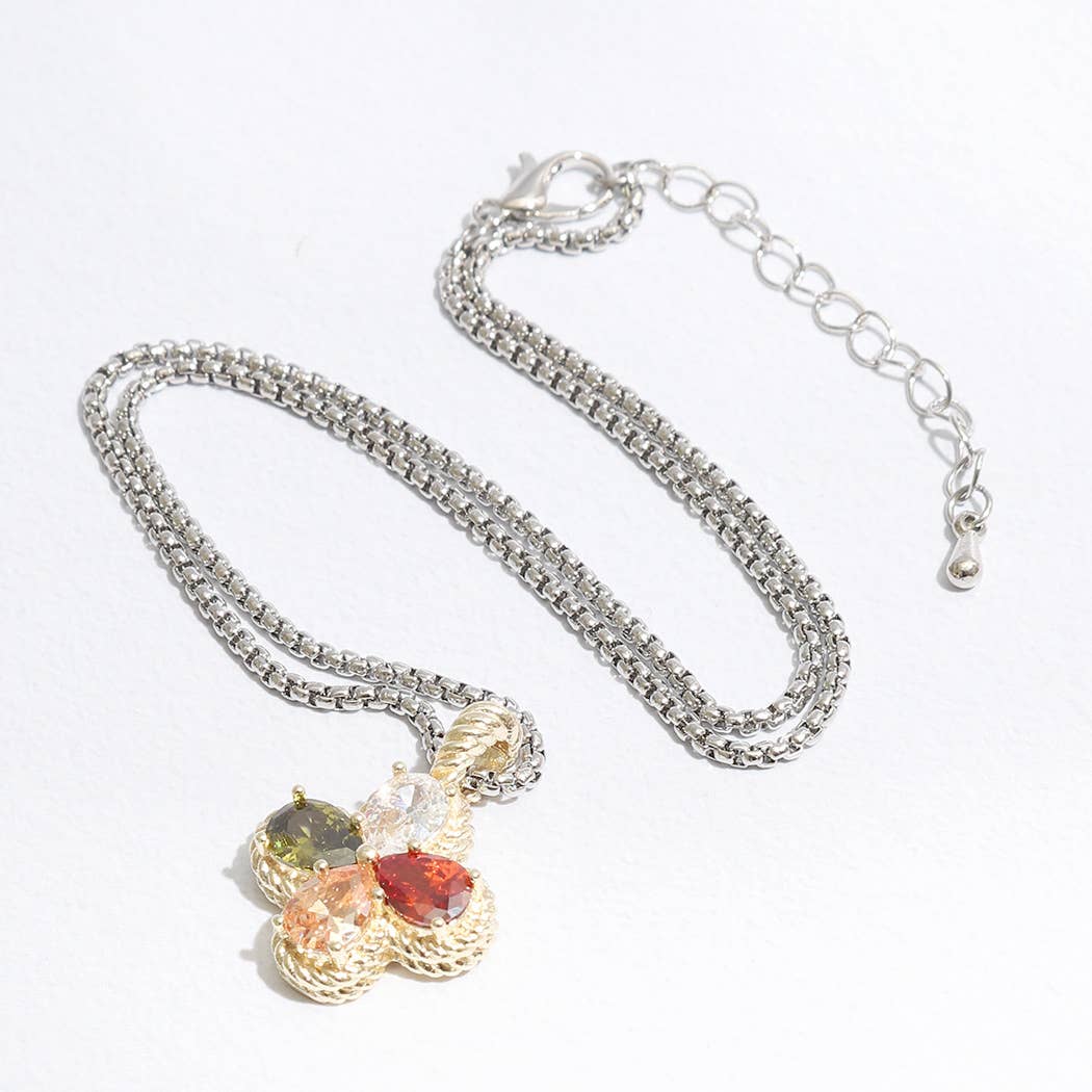 Gold Tone Clover Colored Rhinestone Necklace