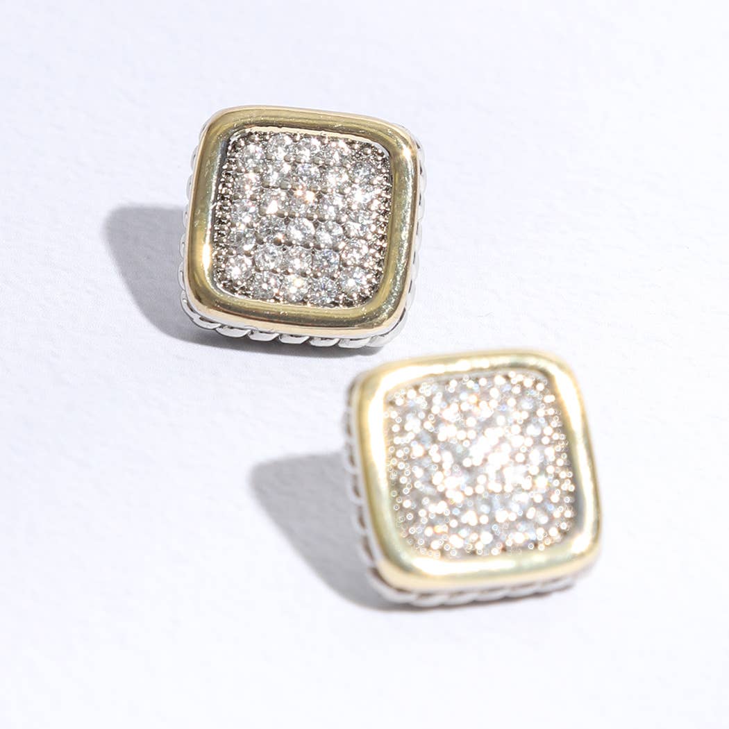 Two-Toned Square Pave Post Earrings