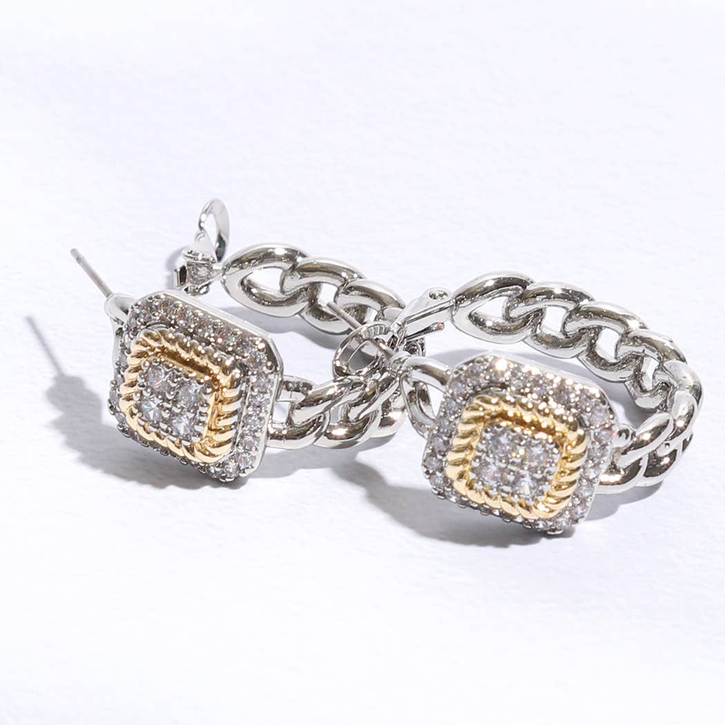 Square Pave 2T Hoop Earrings
