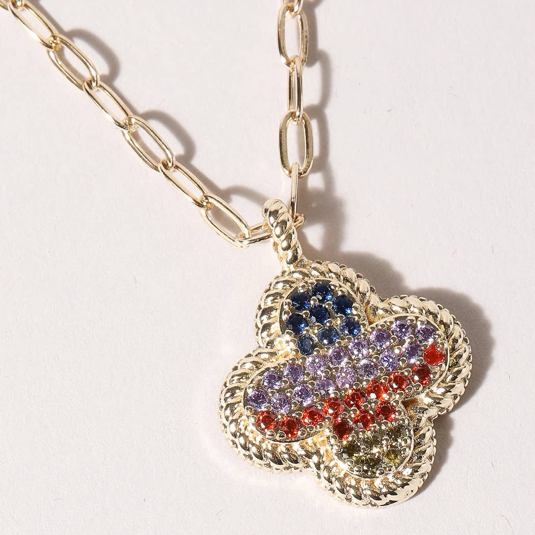 Multicolor Stone Pave Clover Necklace