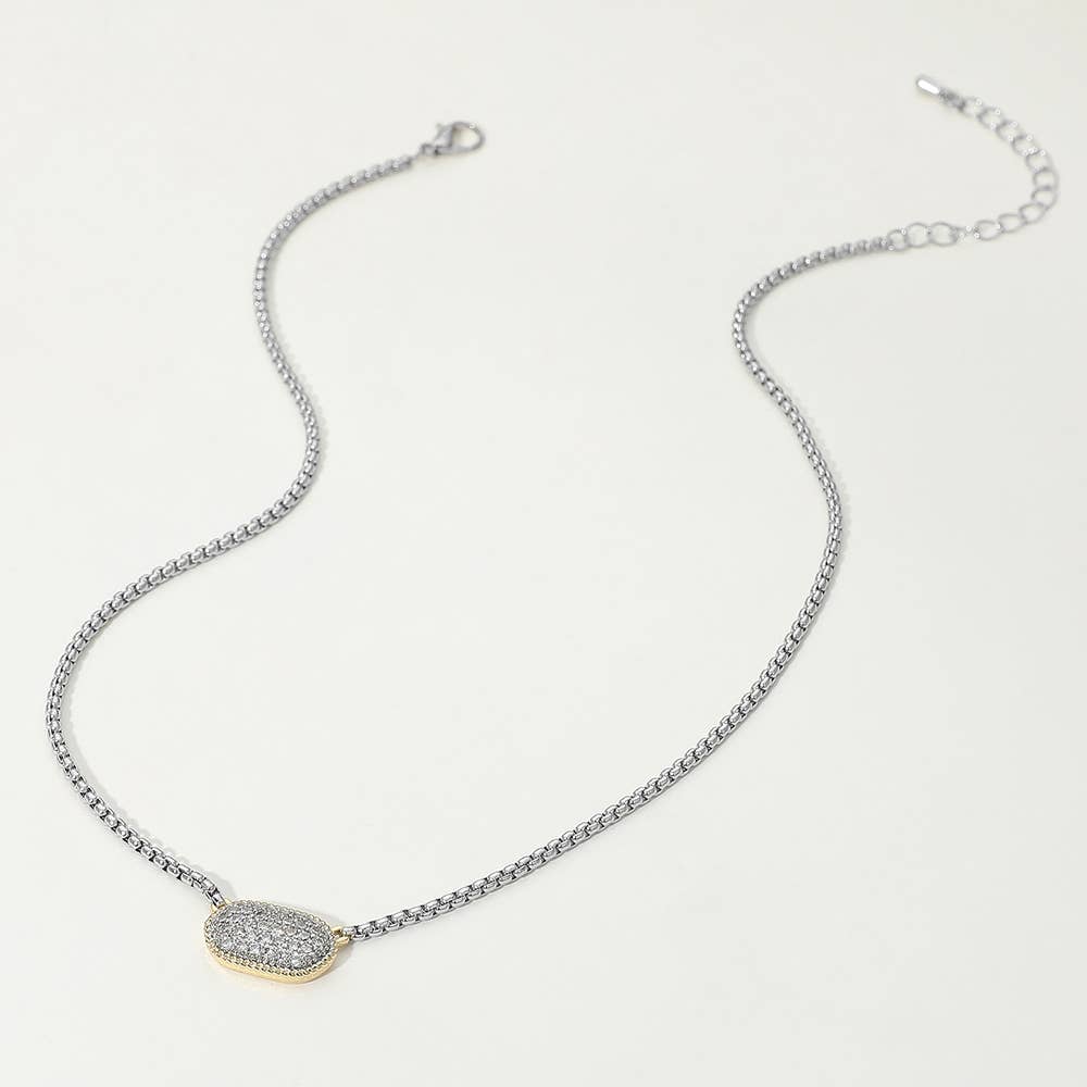 14K Gold Plated Stone Paved Two Tone Pendant Necklace