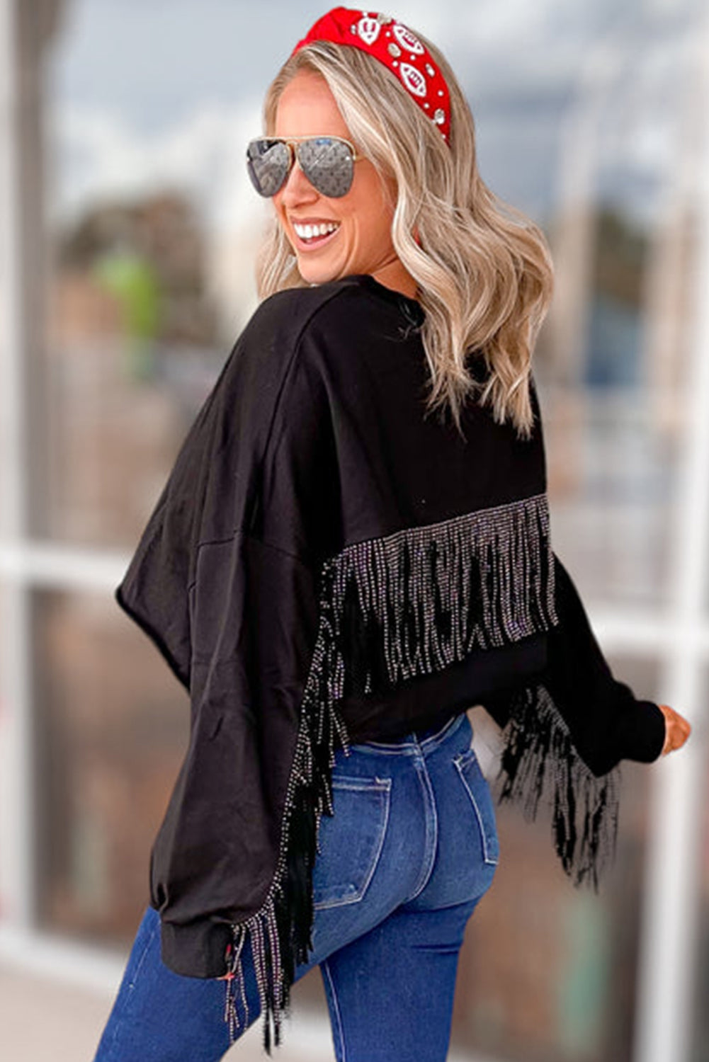 Black GAME DAY Football Sequined Tasseled Cropped Sweatshirt