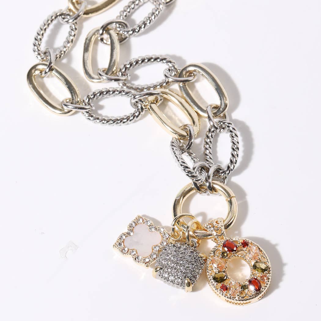 Clover & Oval 3 Multi Pendants Chain Necklace