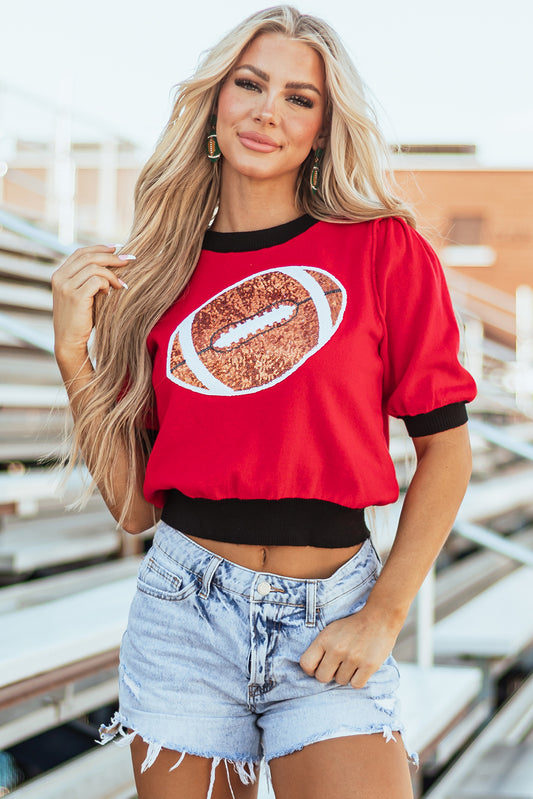Red Sequin Football Color Block Puff Short Sleeve Sweater