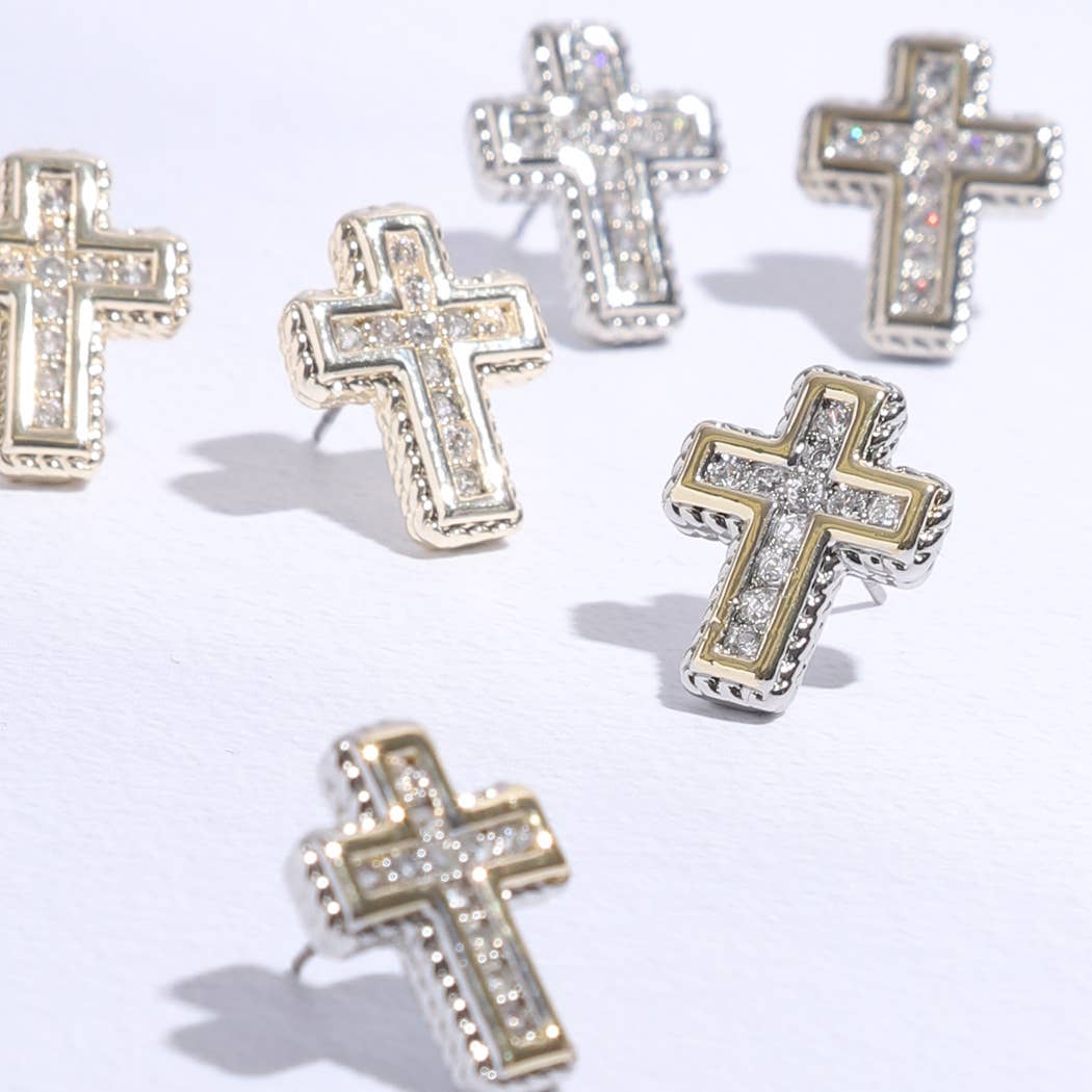 Cross Shape Pave Stone Stud Post Earring