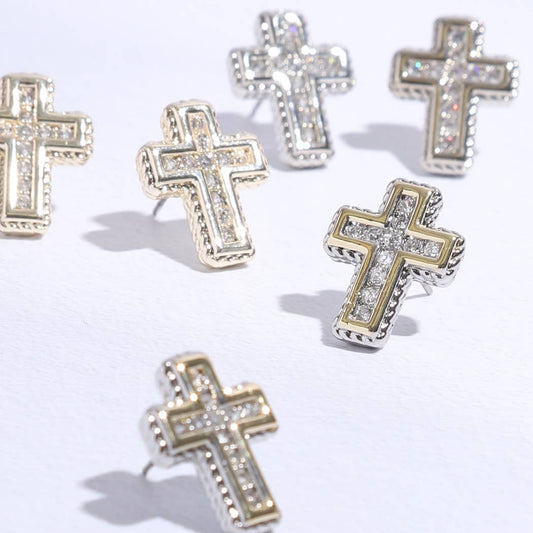 Cross Shape Pave Stone Stud Post Earring
