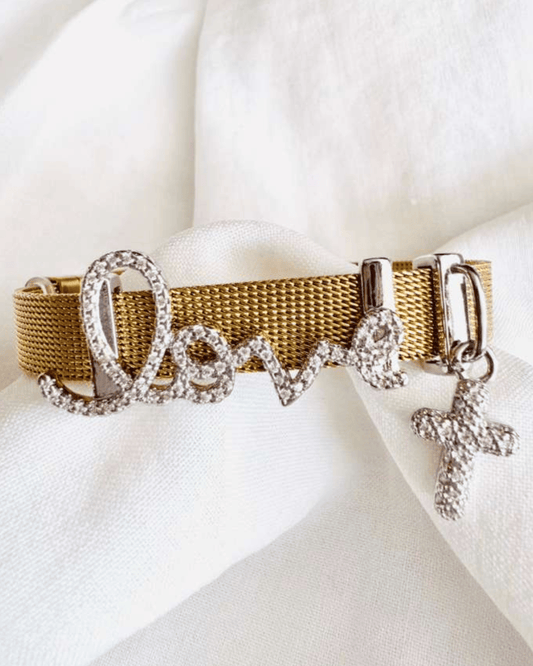 Faith Crystal Studded Love Cross Charm Duo Toned Bracelet