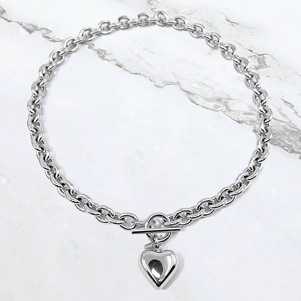 Stainless Steel Puffy Heart Pendant Toggle Necklace