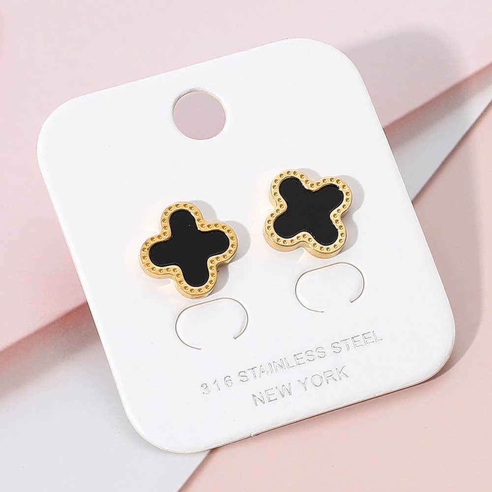 Stainless Steel Quatrefoil Stone Cluster Stud Earrings