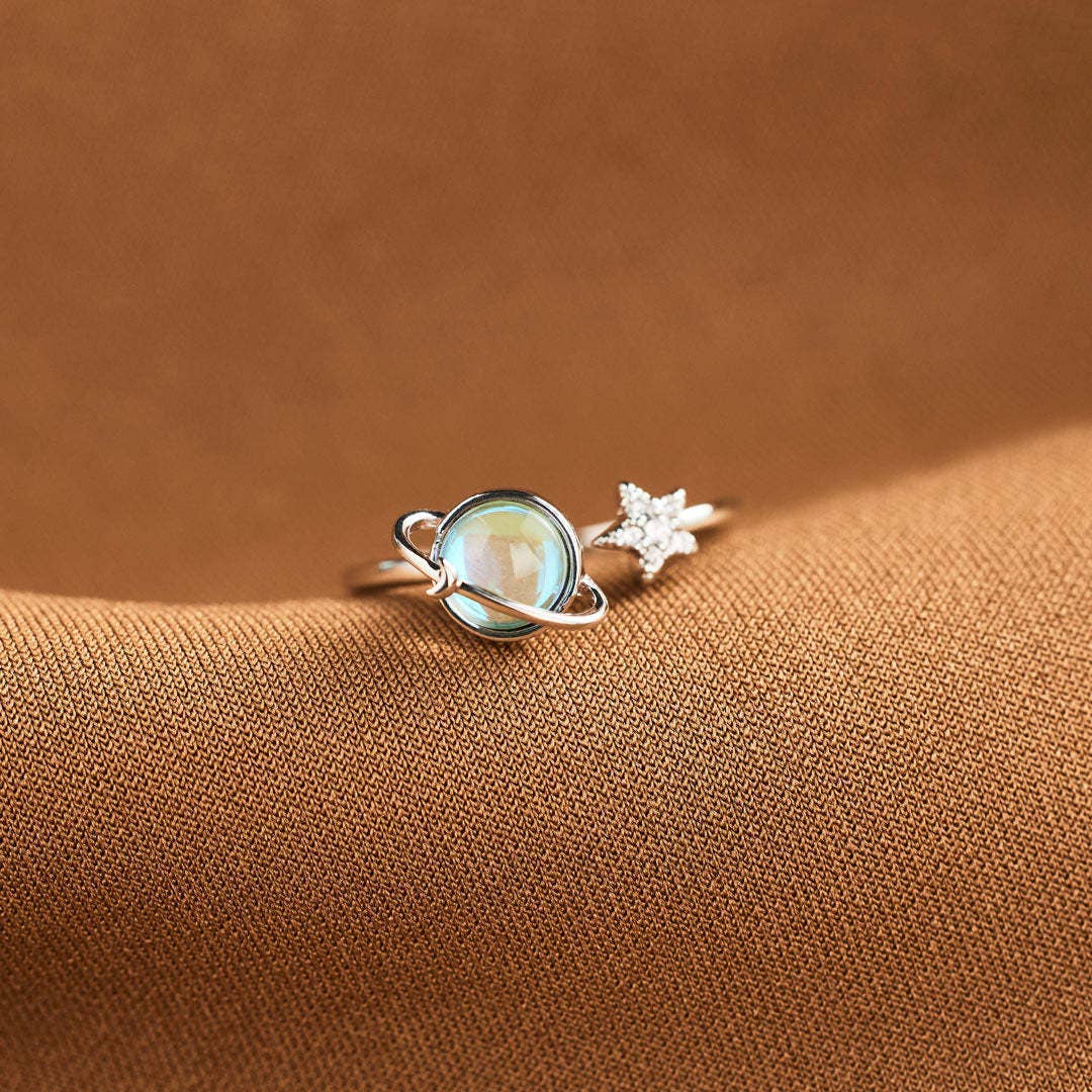 Blue Aurora Planet Saturn Star Open Ring in Solid Copper