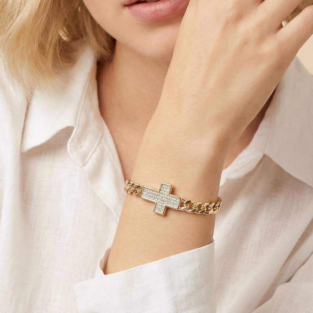 Gold Cuban Link Pave Cross Bracelet