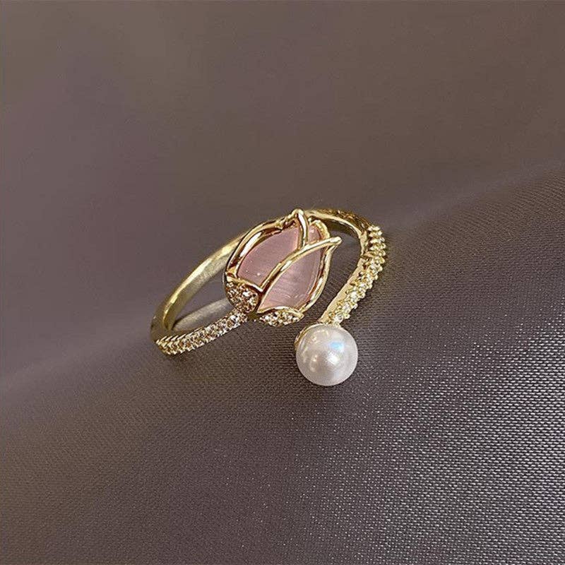 Opal Tulip Flower Pearl Stacking Bypass Ring