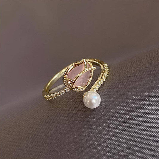 Opal Tulip Flower Pearl Stacking Bypass Ring