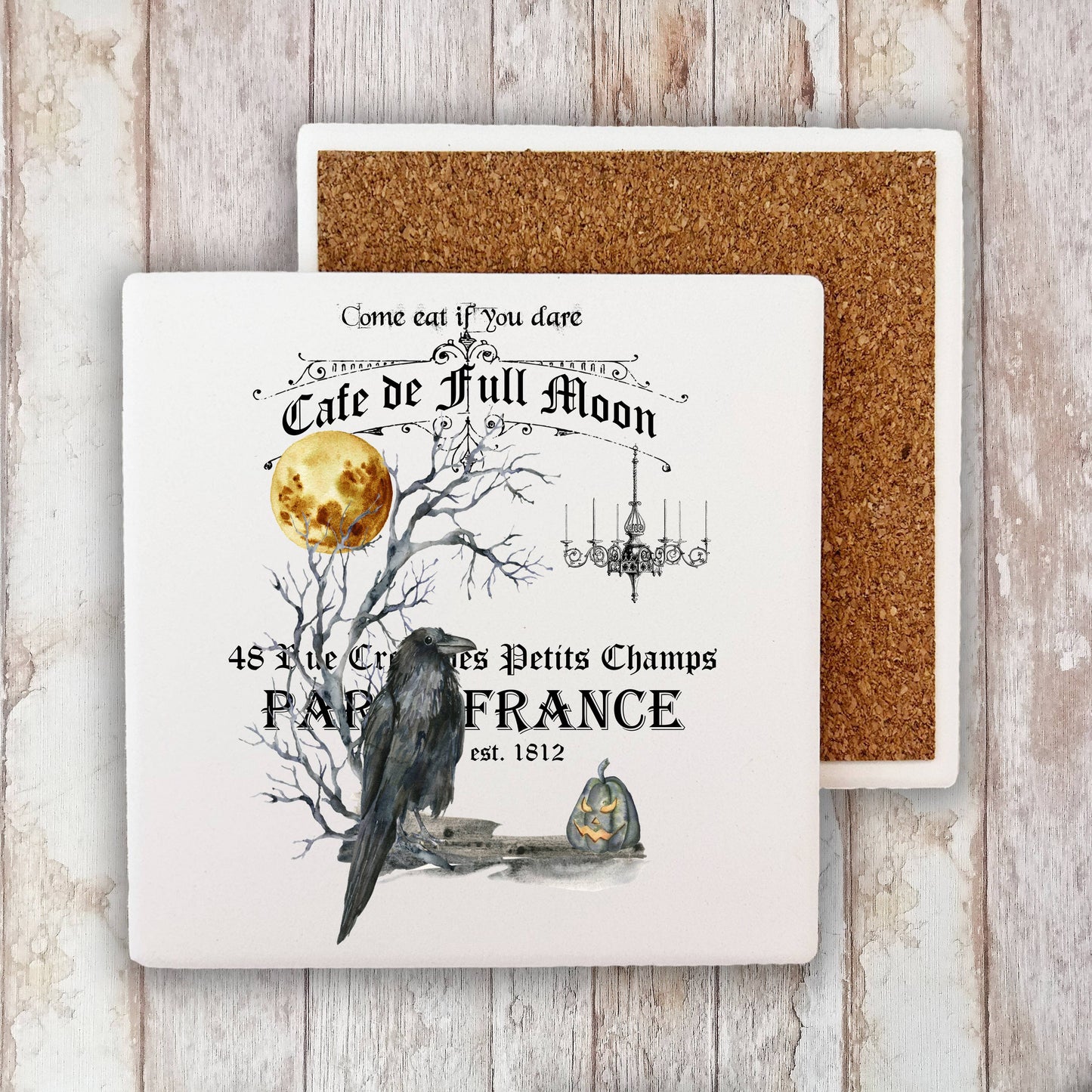 Cafe De Full Moon Paris Halloween Stone Coasters-Set of 4