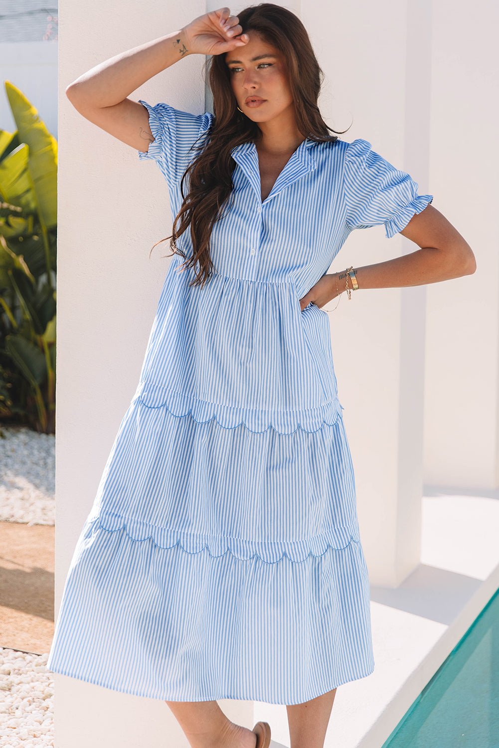 Sky Blue Stripe Bubble Short Sleeve Tiered Scallop Long Dress