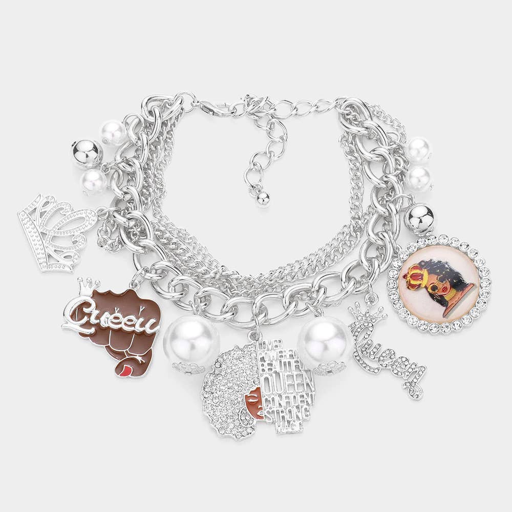 Pearl Crown Queen Message Afro Girl Charm Multi Bracelet