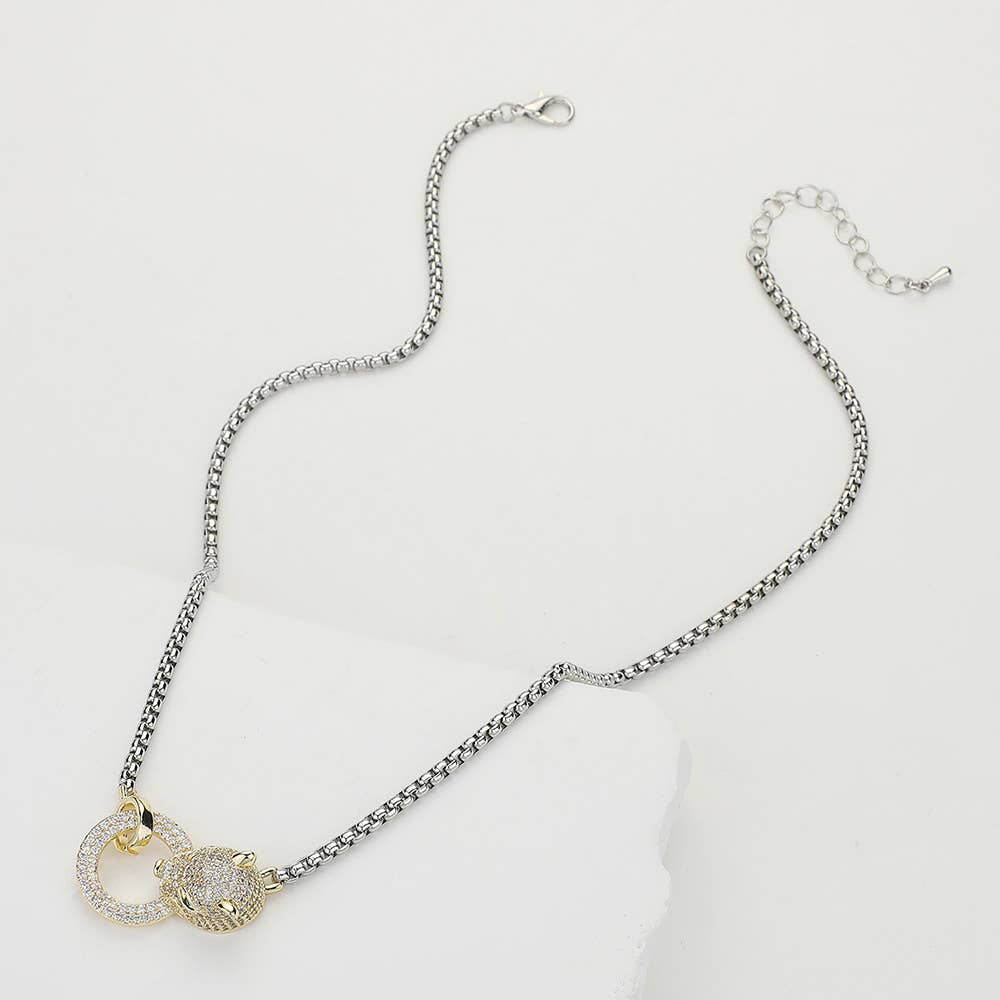 14K Gold Plated CZ Stone Paved Leopard Panther Head Pendant Necklace