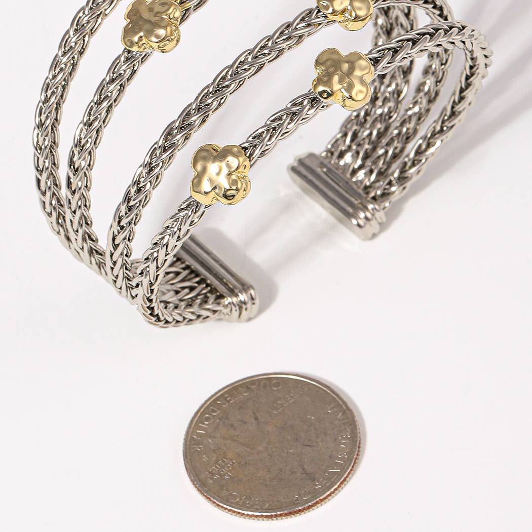 4 Layered Two-Tone Clover Braided Cuff Bracelet