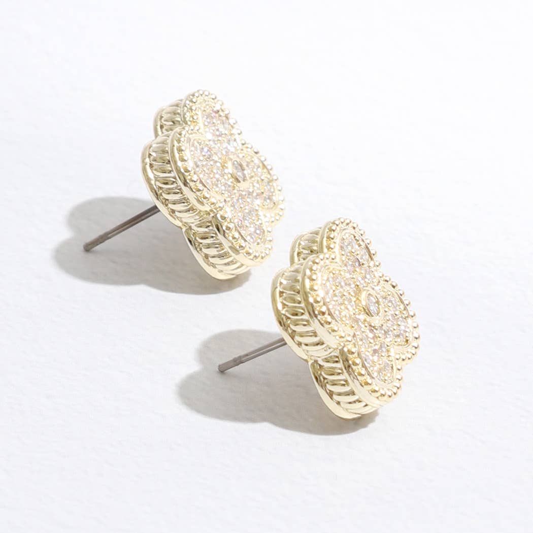 Gold Tone Outline Pave Clover Post Earrings