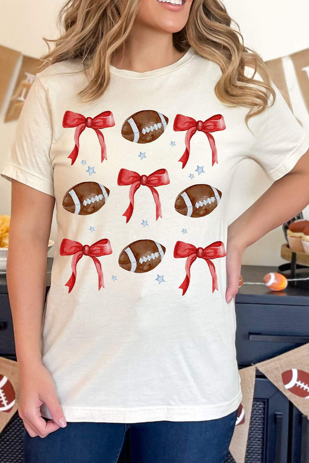 White Bowknot Football Graphic Crew Neck Tee