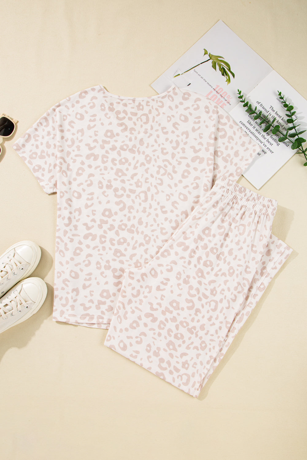 Beige Cheetah V Neck Tee and Pants Pajama Set