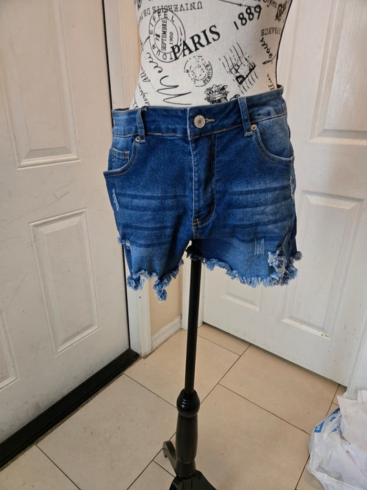 Distressed Blue Denim Shorts with Frayed Hem – Size Large (No Brand Listed)