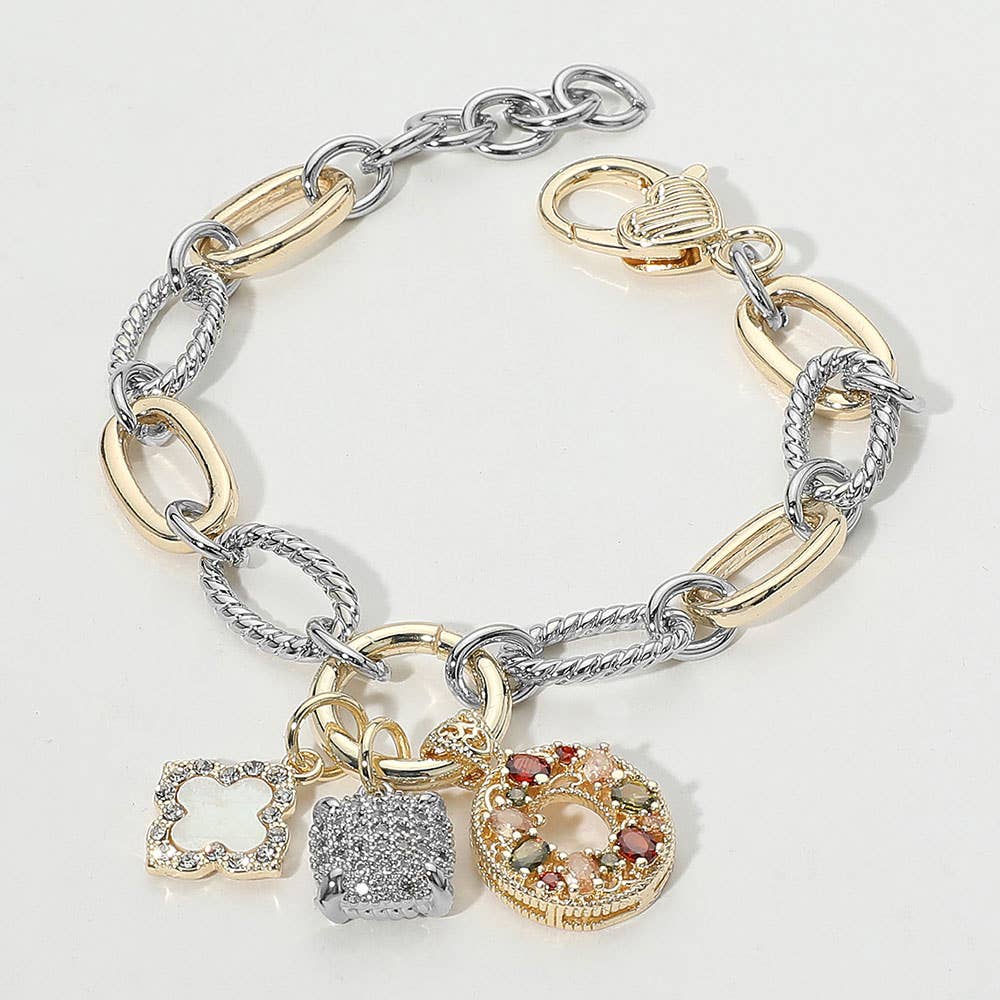 14K Gold Plated Two Tone Stone Paved Mother of Pearl Quatrefoil Square Ring Charm Accent Bracelet