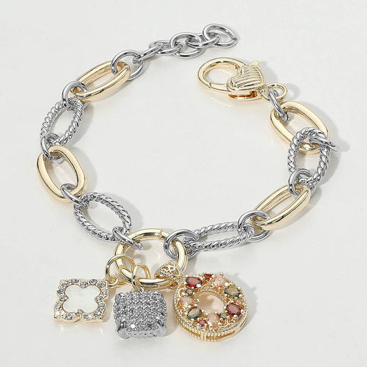 14K Gold Plated Two Tone Stone Paved Mother of Pearl Quatrefoil Square Ring Charm Accent Bracelet