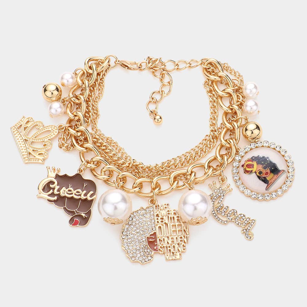 Pearl Crown Queen Message Afro Girl Charm Multi Bracelet