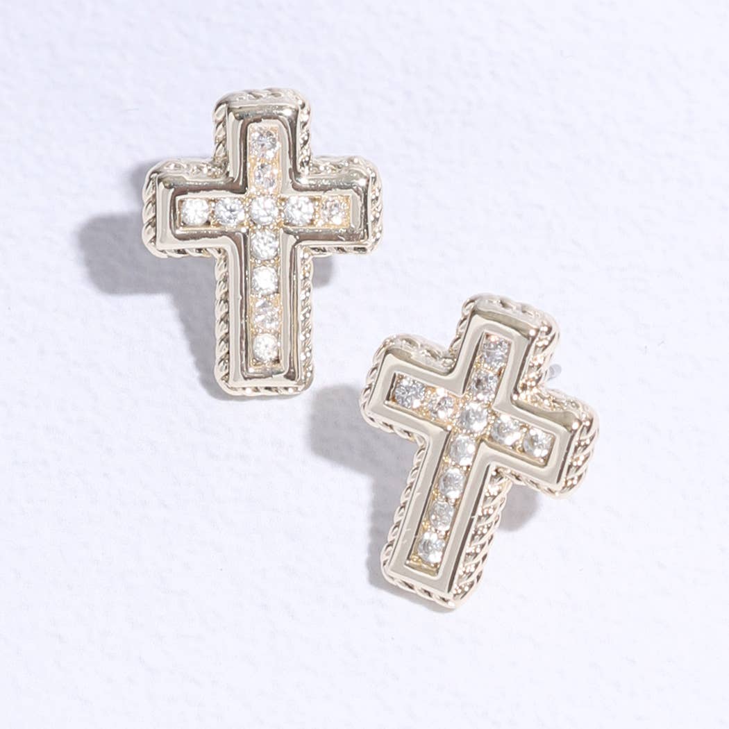 Cross Shape Pave Stone Stud Post Earring
