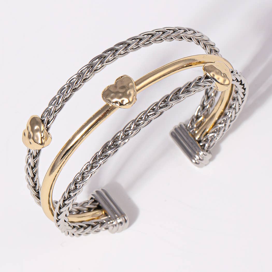 Heart 3 Layer Two-Tone Braided Cuff Bracelet
