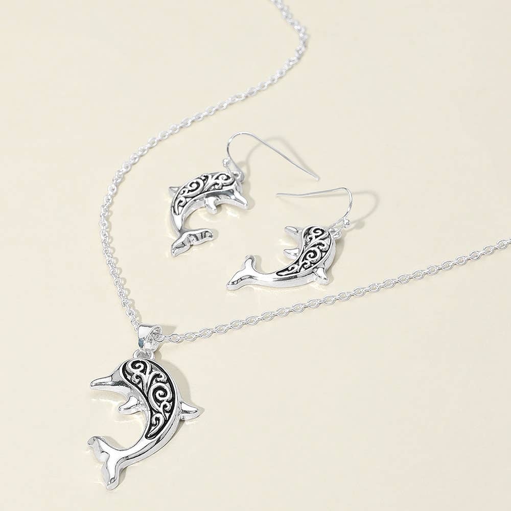 Antique Metal Dolphin Pendant Necklace